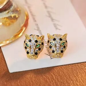 Elegant Gold and Green Cz Panther Earrings